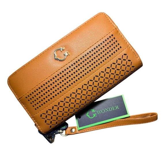 C. Wonder Handbags - C. Wonder Florence Zip-Around Wristlet Wallet Cognac Laser Cut NWT